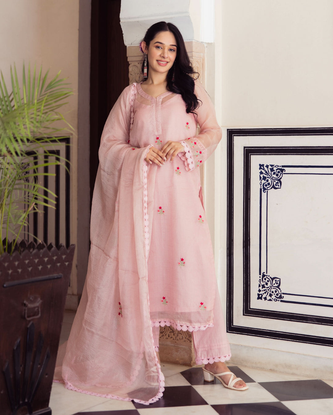 Flashy Pink Embroidered Doria Suit Set