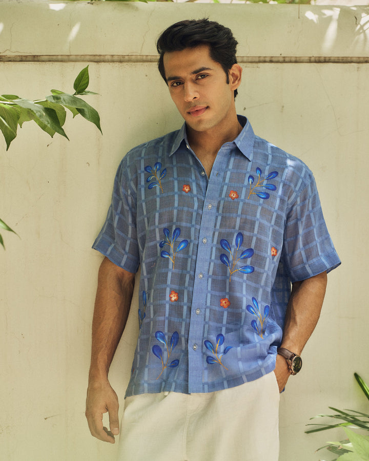 Samay Blue Cotton Dobby Handpainted Shirt