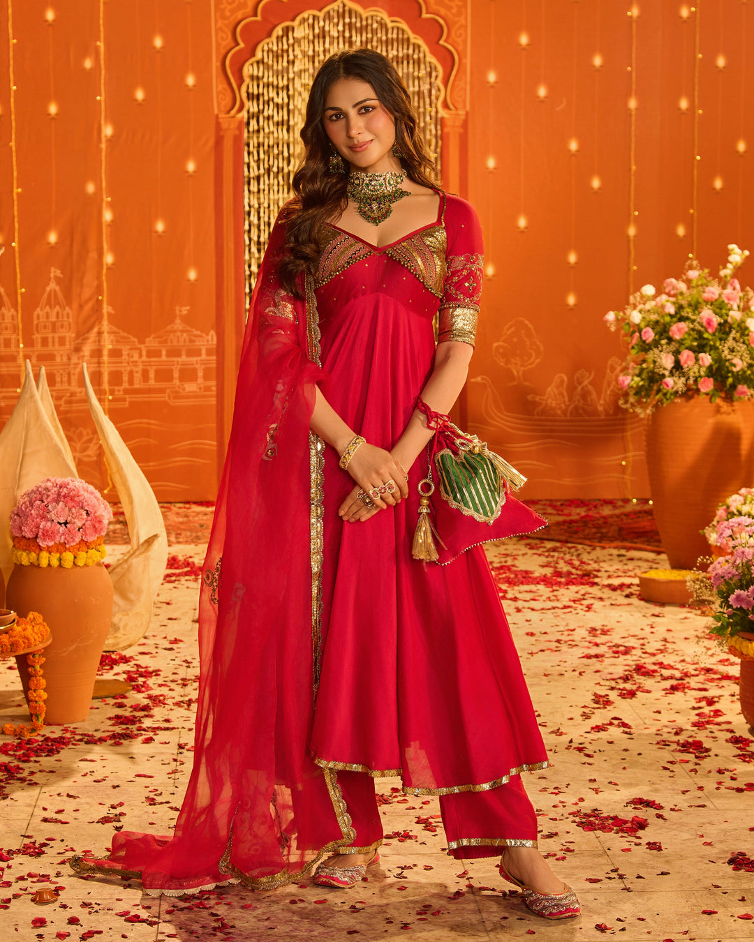 Kamalnayani Pink Embroidered Chanderi Aangi Suit Set