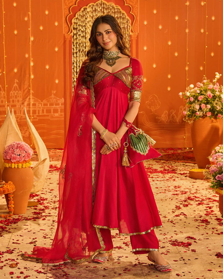 Kamalnayani Pink Embroidered Chanderi Aangi Suit Set
