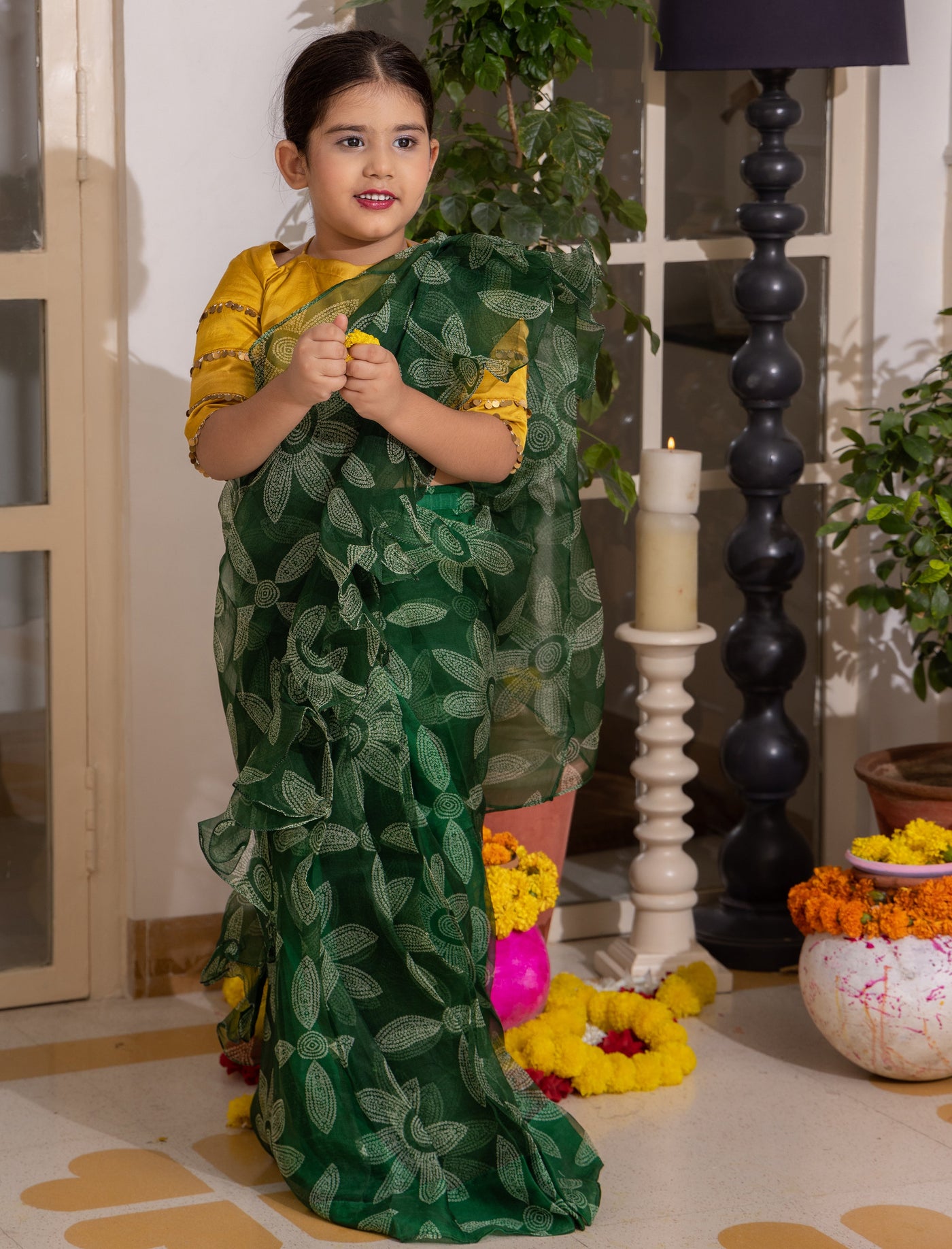 Dua Green Bandhani Organza Pre Draped Saree