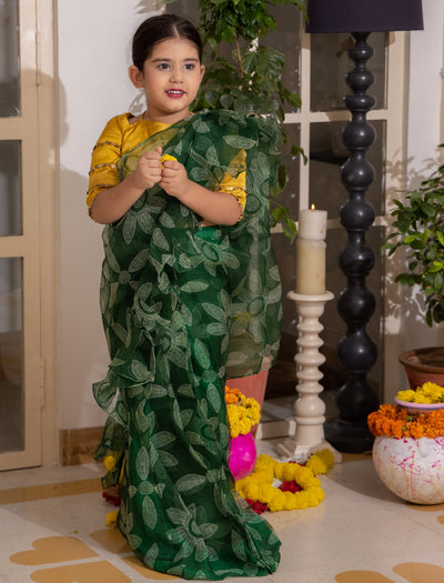 Dua Green Bandhani Organza Pre Draped Saree