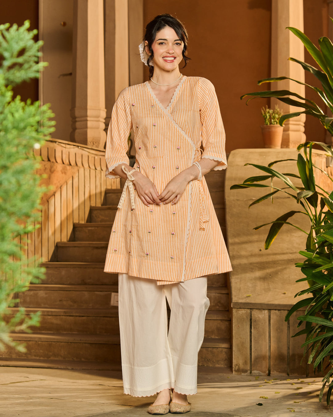 Manon Orange Printed Cotton Stripes Kurta Set