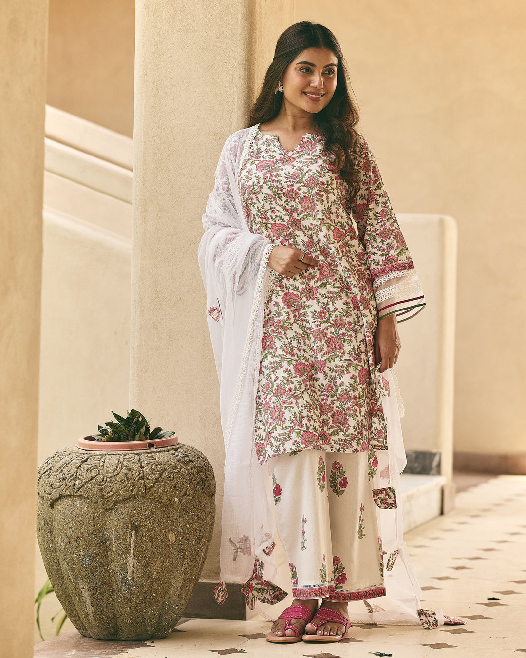 Sasha White Cotton Printed Suit Set