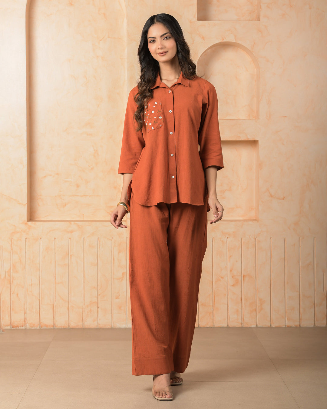 Amethyst Orange Embroidered Cotton Flex Coord Set