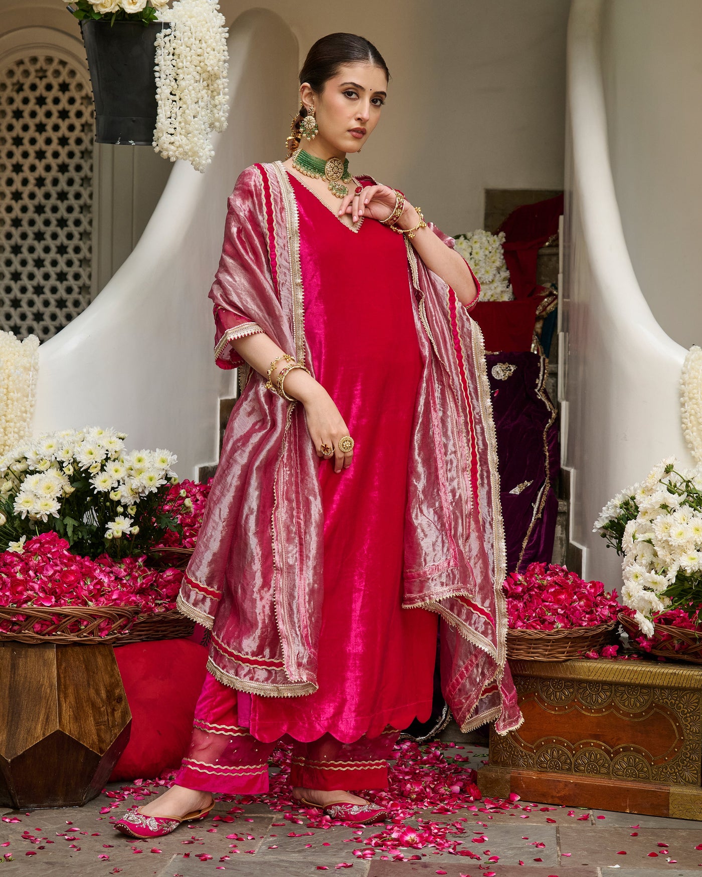 Rima Pink Solid Velvet Suit Set