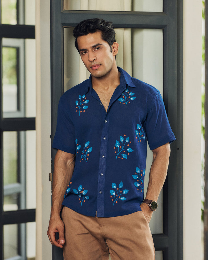Ivaan Blue Cotton Crush Handpainted Shirt