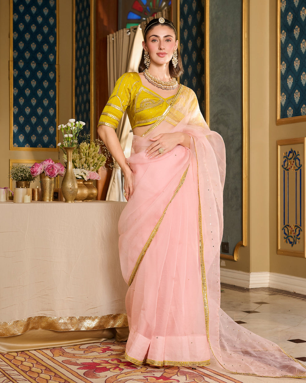 Eira Neon Embroidered Satin Aangi Blouse And Saree