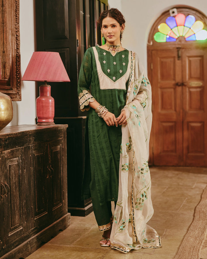 Rangita Green Handpainted Cotton Checks Suit Set