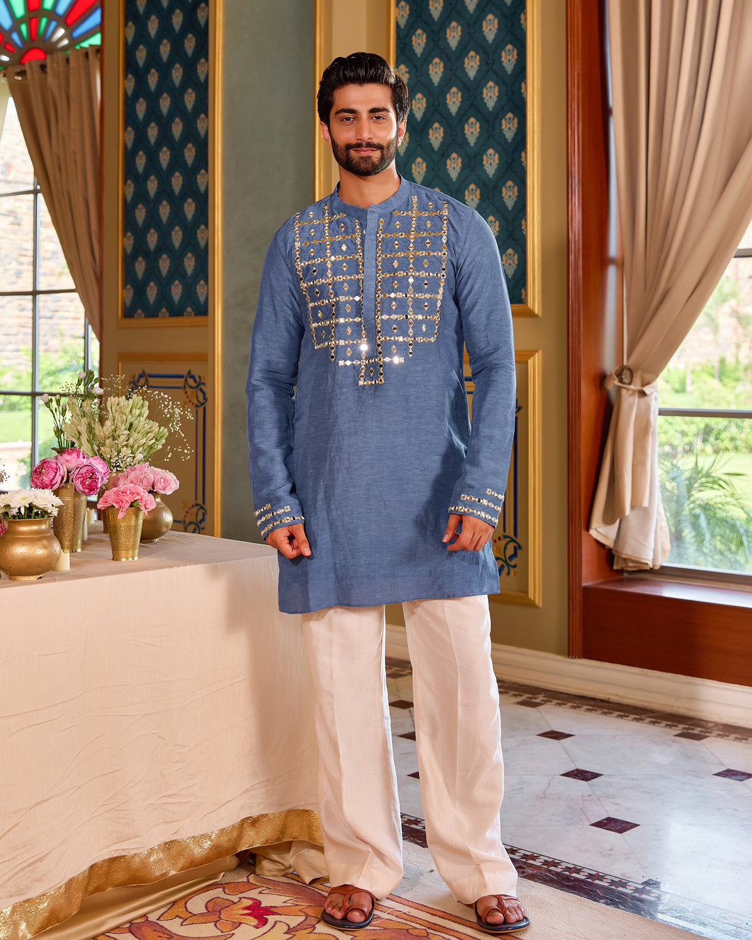 Tattva Blue Silk Embroidered Kurta