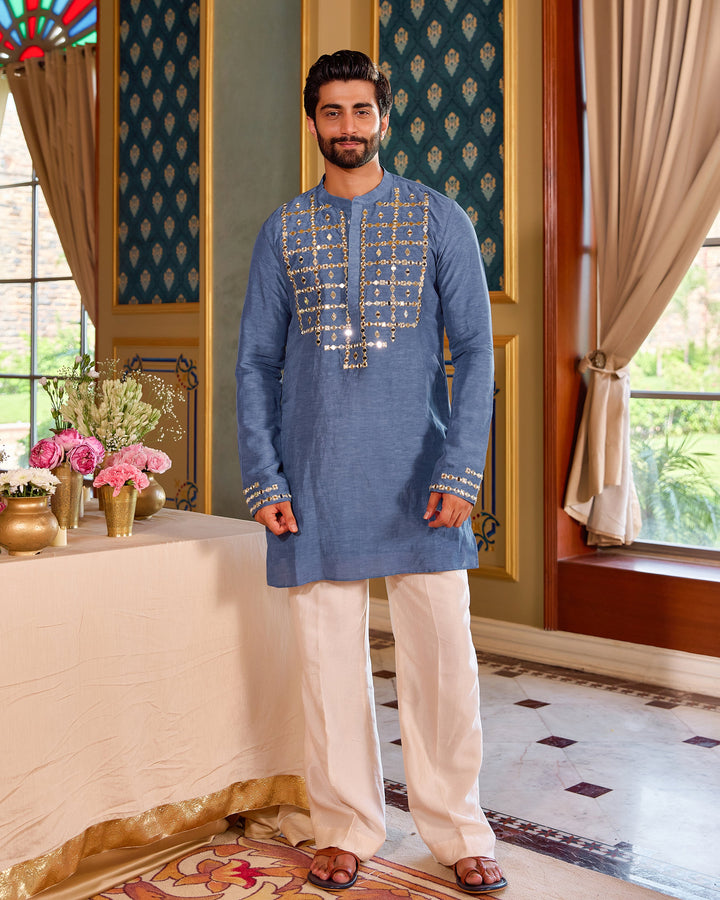 Tattva Blue Silk Embroidered Kurta