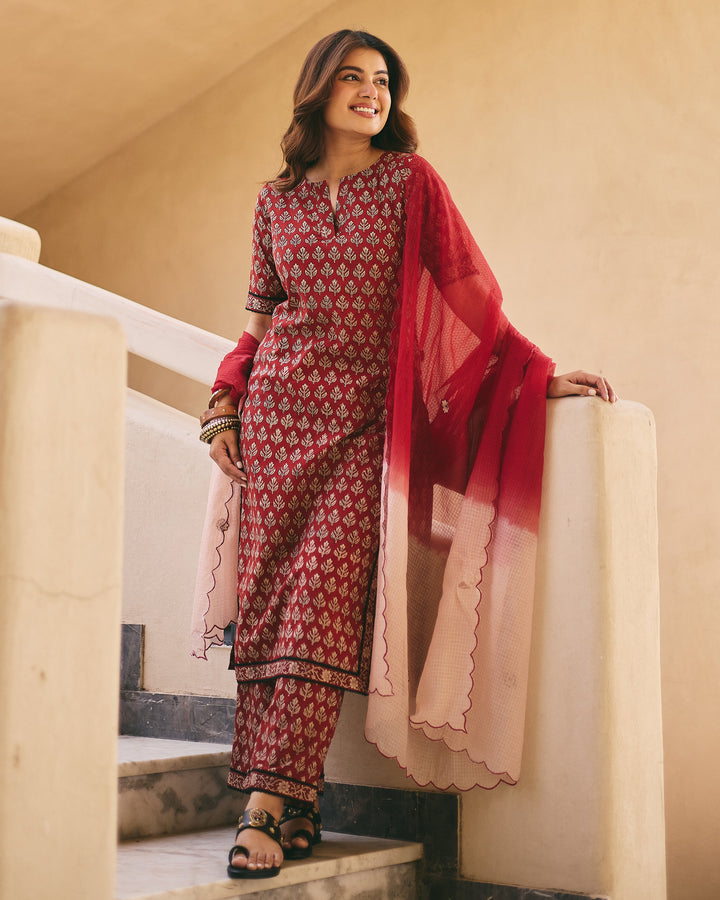Grisha Maroon Cotton Printed Suit Set