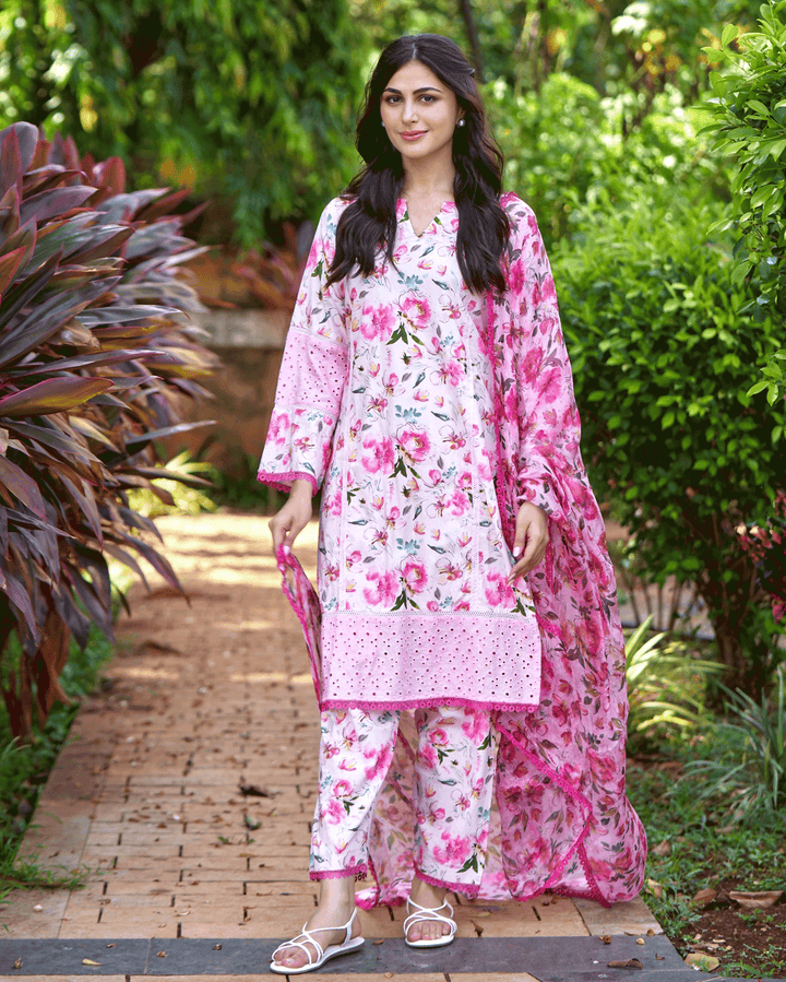 Plumeria Pink Printed Cotton Suit Set