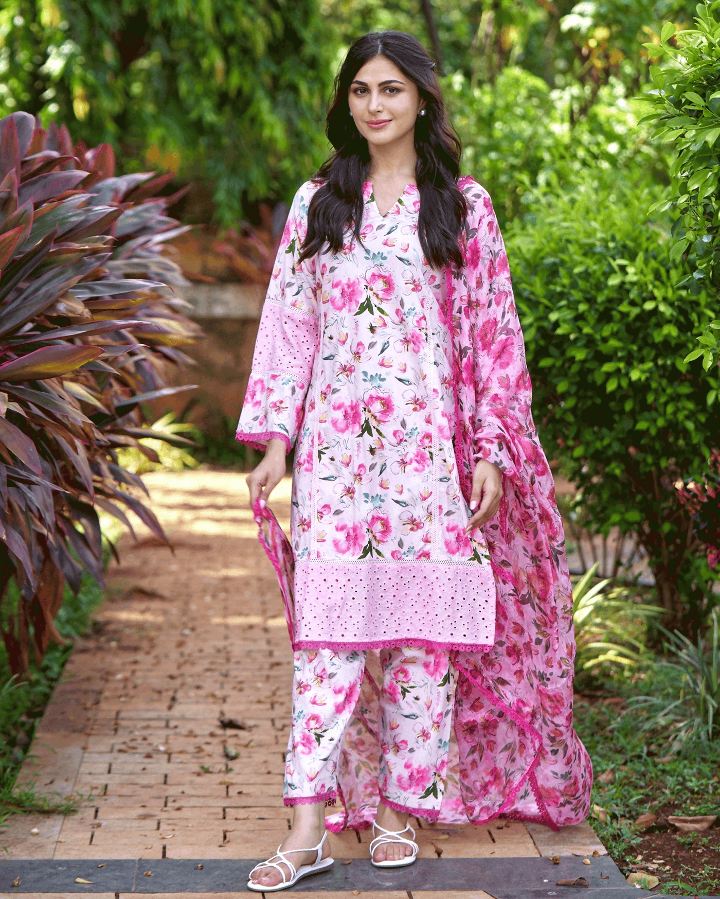 Plumeria Pink Printed Cotton Suit Set