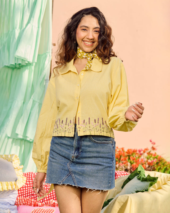 Ava Yellow Embroidered Cotton Checks Shirt
