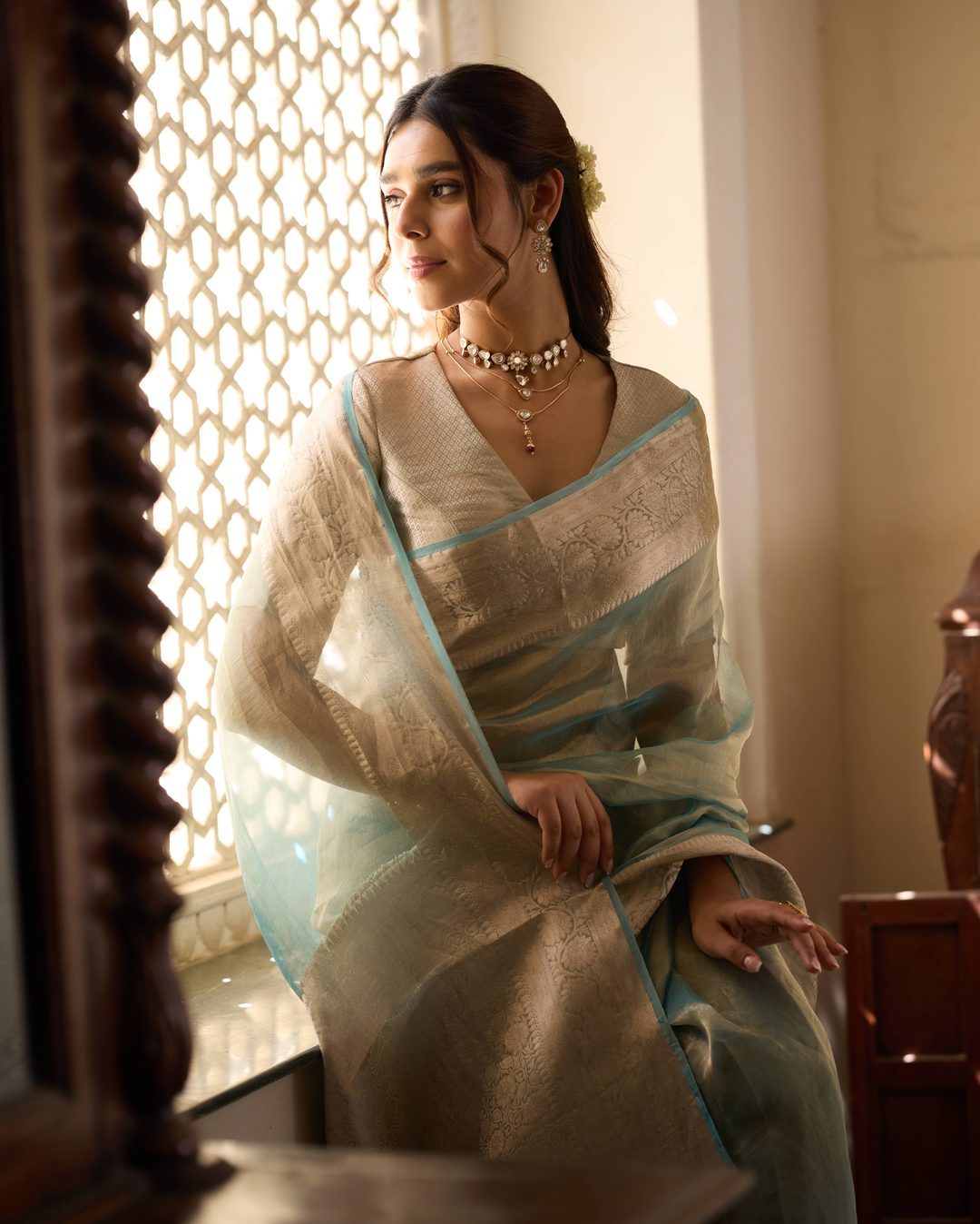 Rajni Sage Blue Solid Pure Tissue Saree