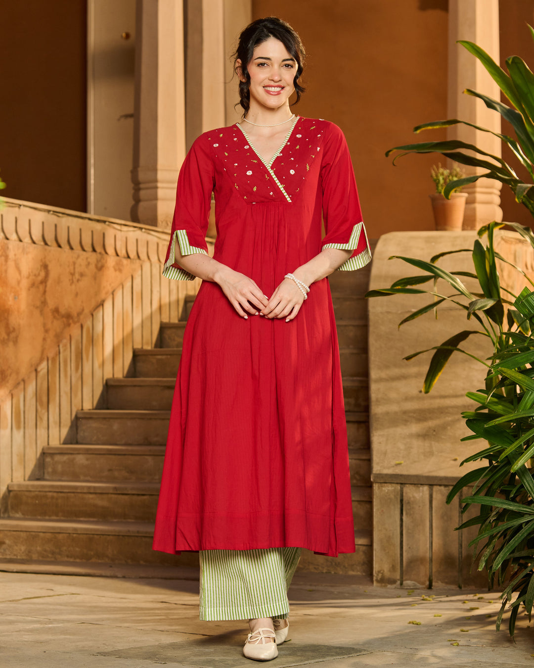 Alix Red Embroidered Cotton Kurta Set