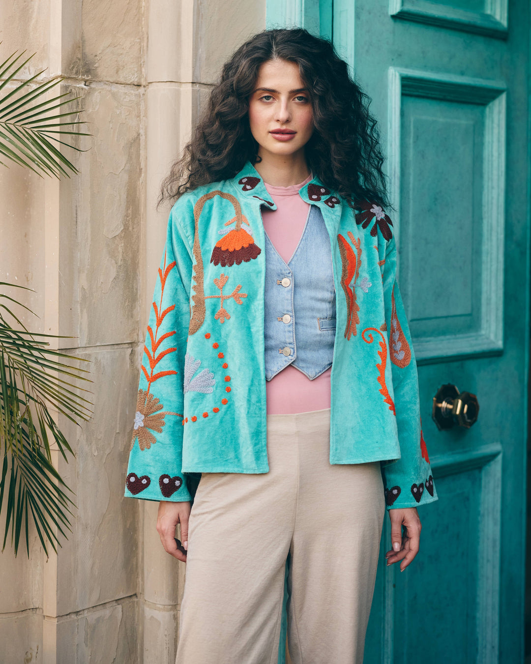 Aureline Sky Blue Velvet Suzani Jacket