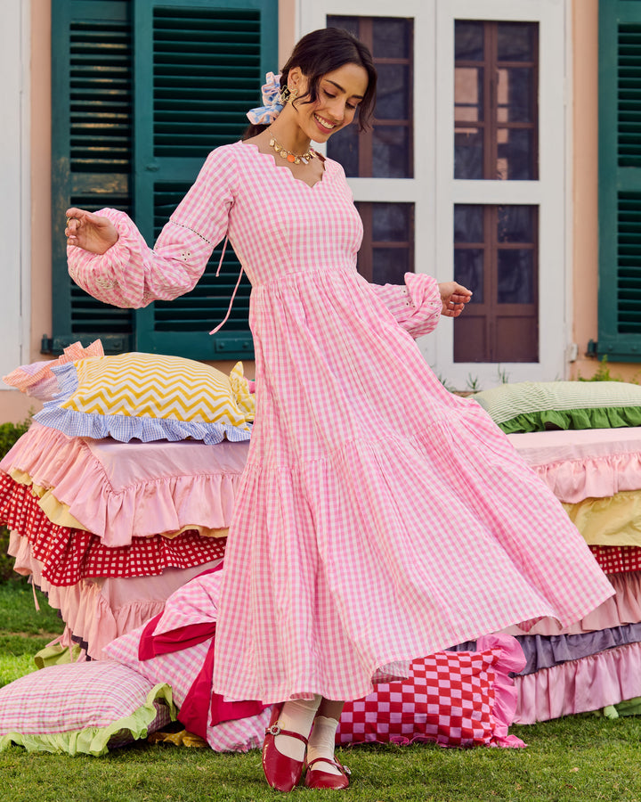 Nusrat Light Pink Embroidered Cotton Checks Dress