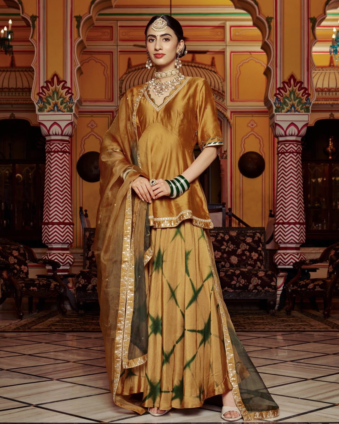 Anmol Mustard Embroidered Tie-Dye Chanderi Suit Set