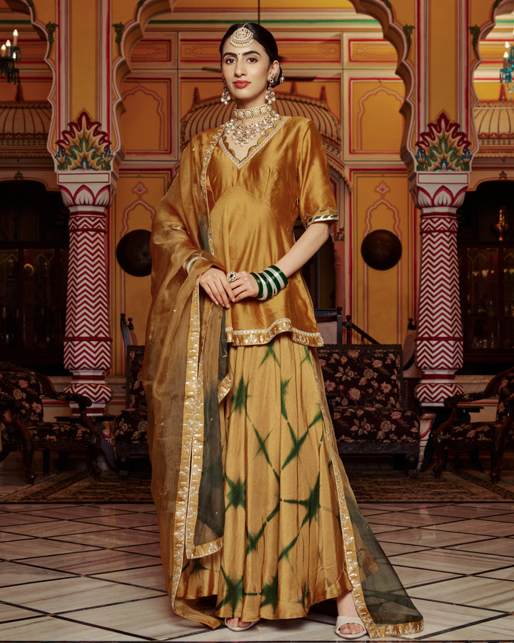 Anmol Mustard Embroidered Tie-Dye Chanderi Suit Set