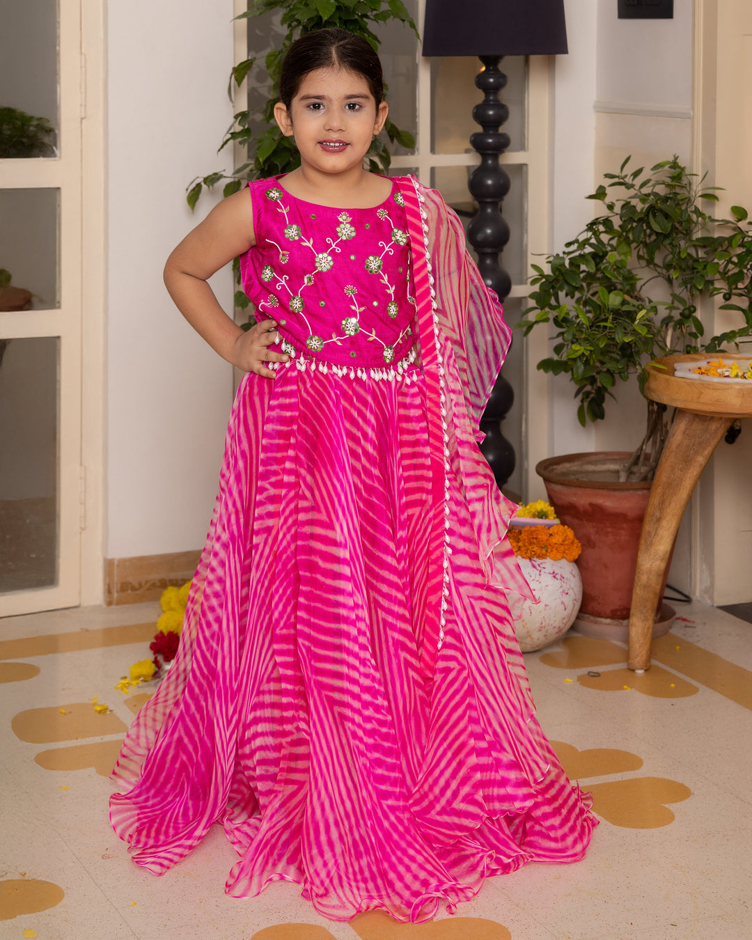 Mishti Pink Leheriya Organza Lehenga Set