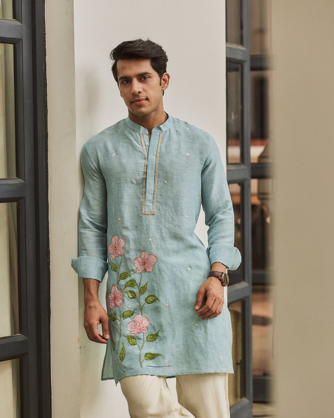 Zevran Blue Handpainted Silk Kurta