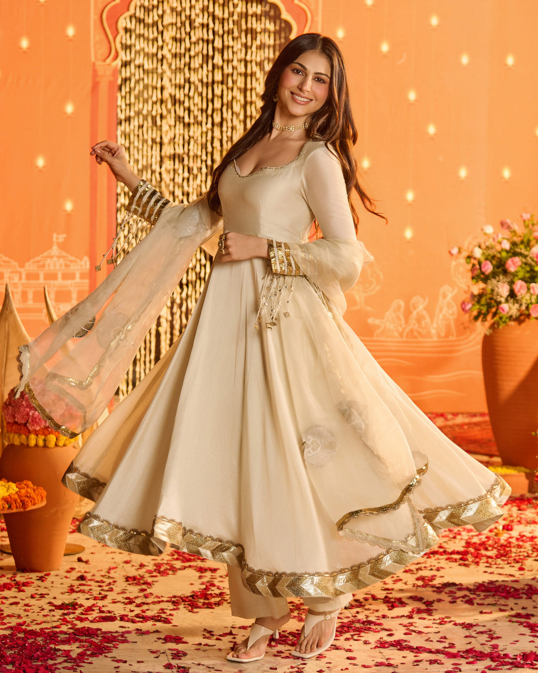 Devika Greyish Off White Embroidered Chanderi Suit Set