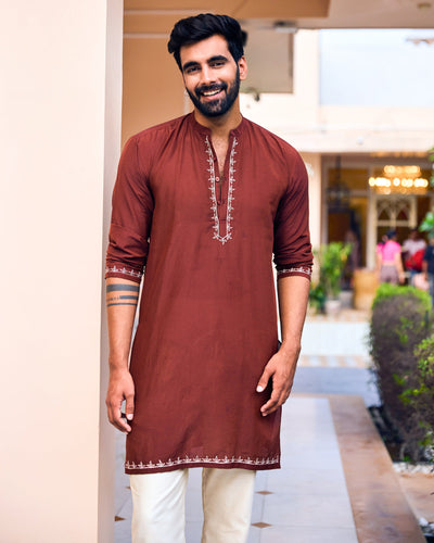 Rajvansh Brown Embroidered Silk Kurta