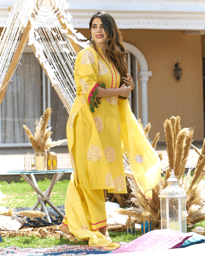 Trishika Yellow Printed Cotton Suit Set