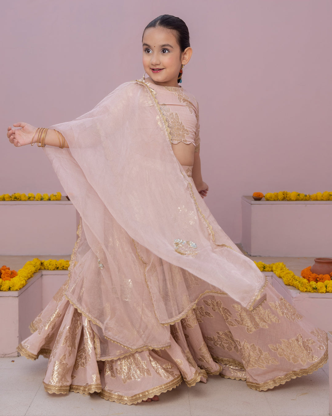 Aaru Pink Solid Jacquard Lehenga Set