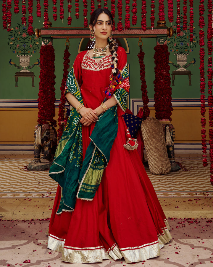 Anuroop Red Embroidered Chanderi Lehenga Set