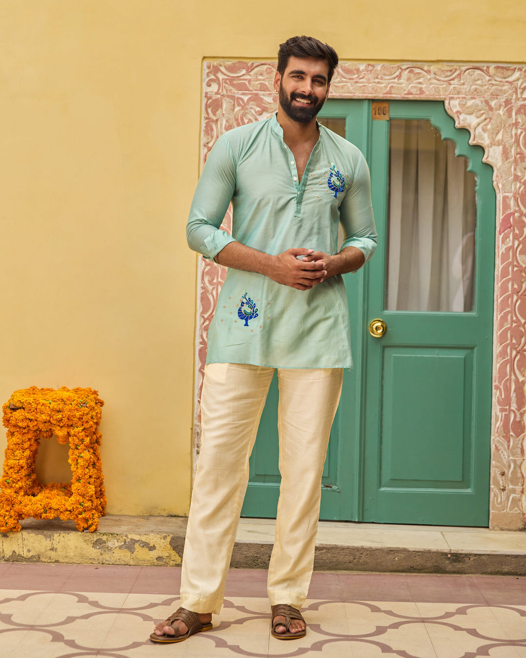 Himant Turquoise Blue Embroidered Chanderi Kurta