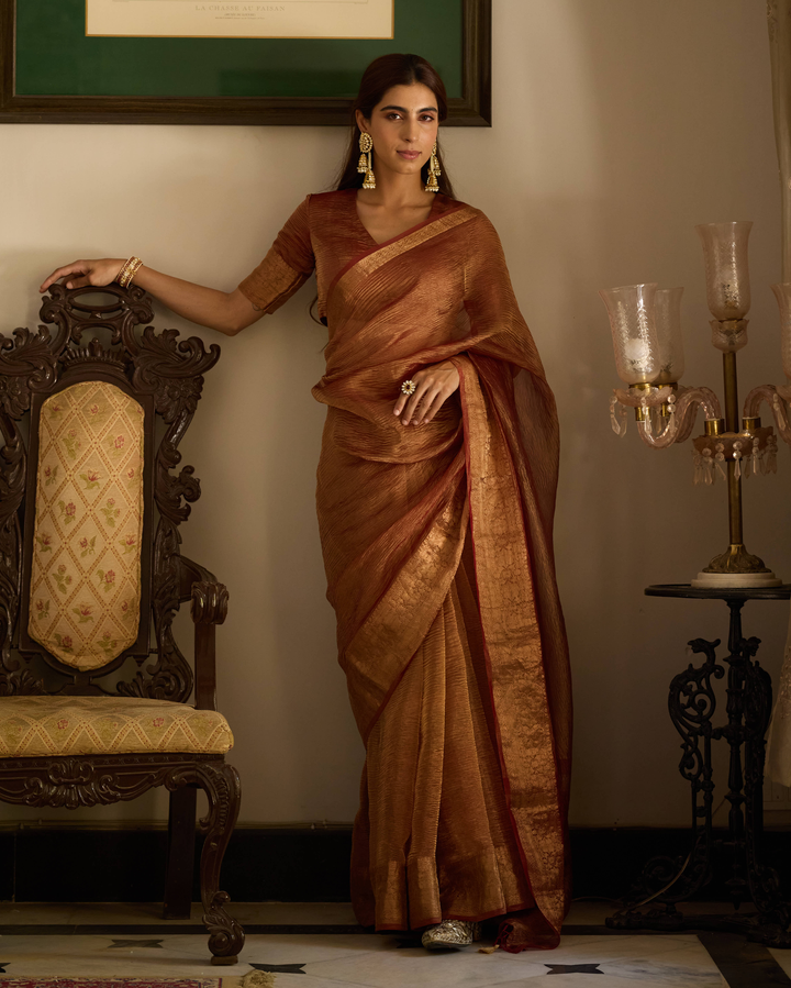 Hima Brown Solid Crushed Tissue Saree
