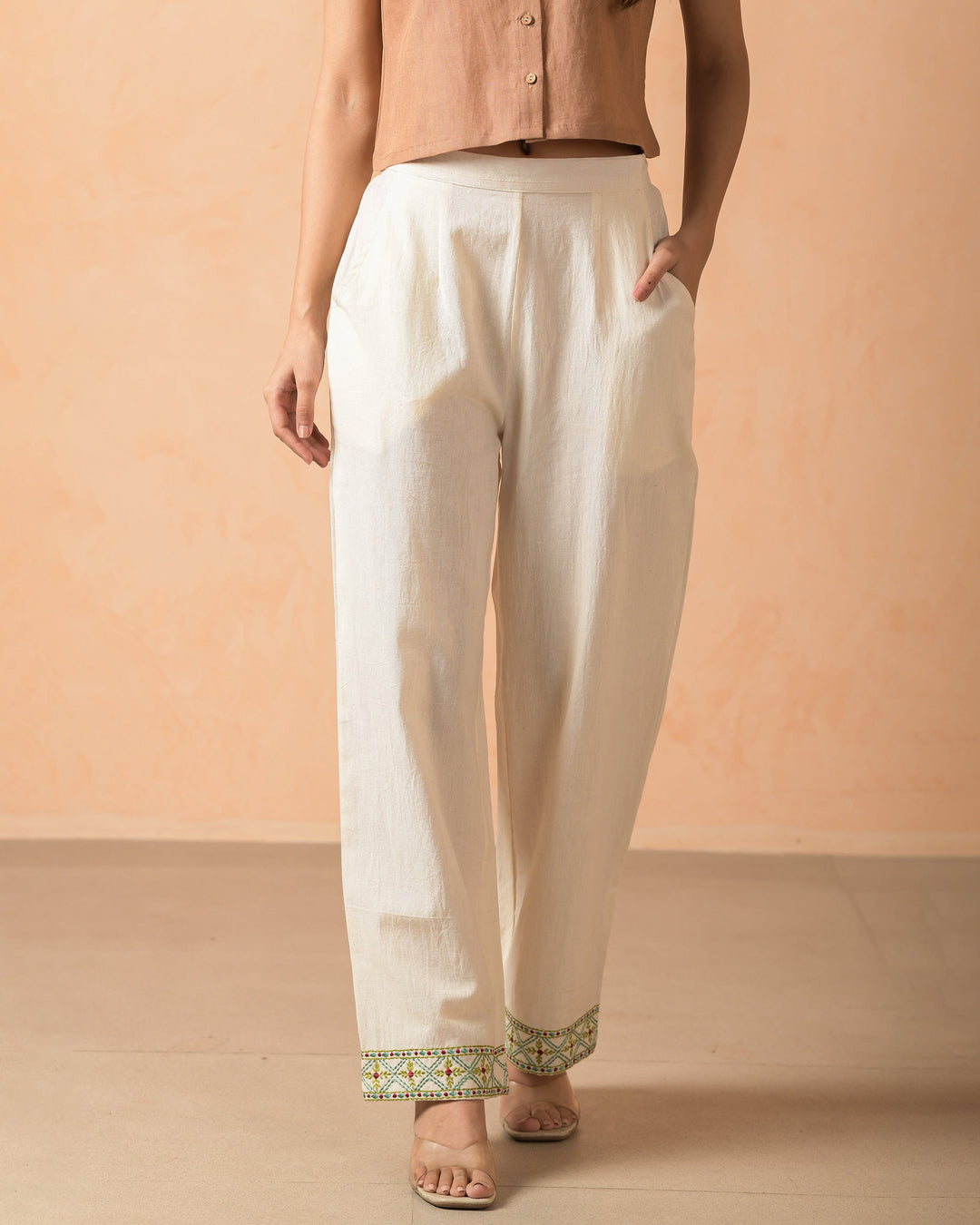 Riyana Cream Cotton Flex Embroidered Straight Pants