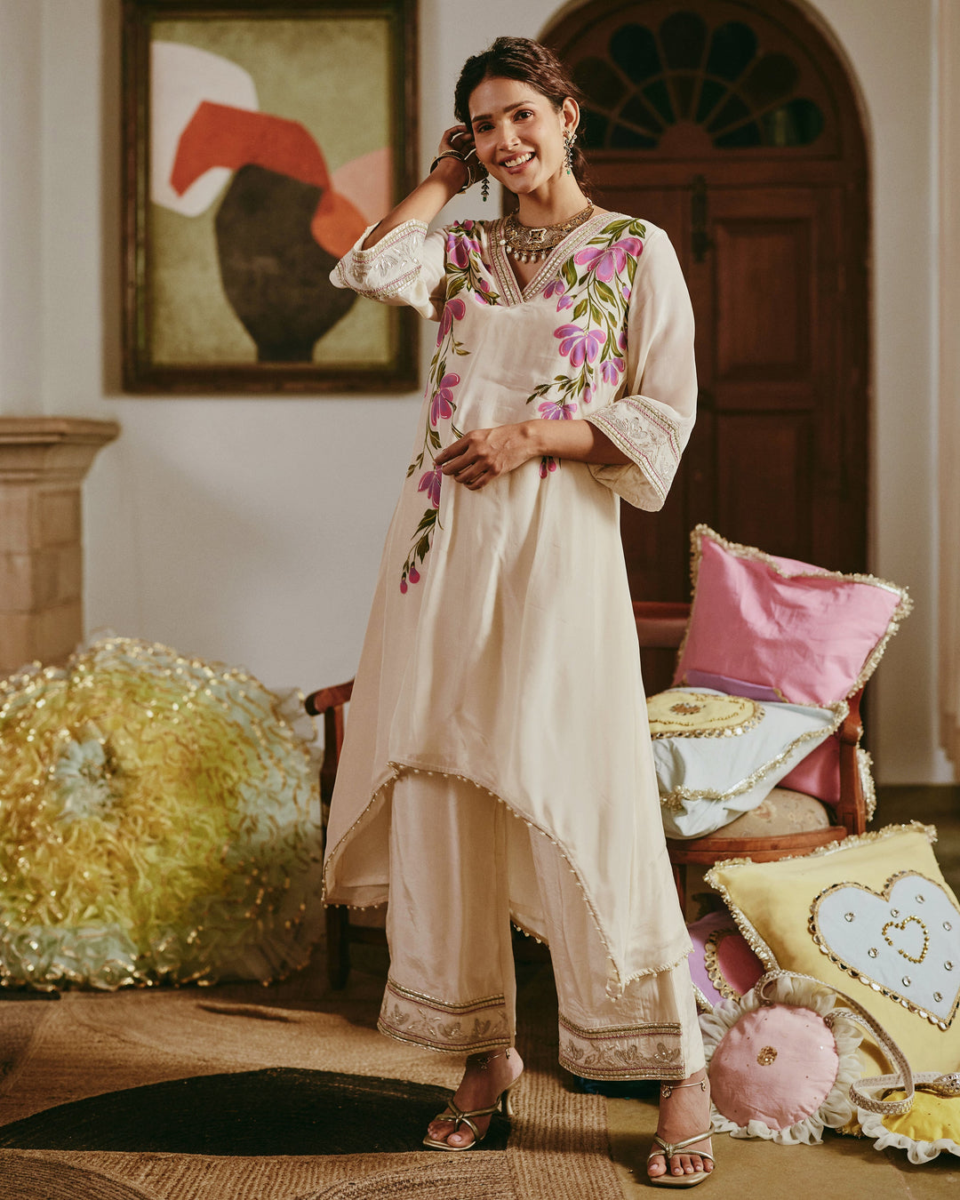 Vamikaa Ivory Handpainted Viscose Organza Coord Set