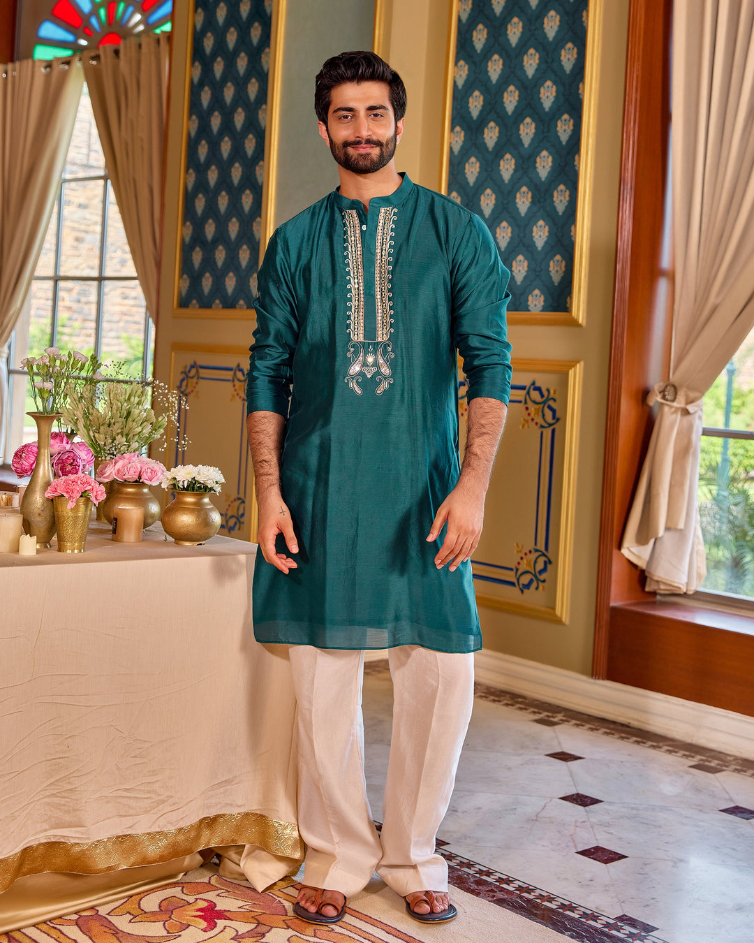 Prem Teal Chanderi Embroidered Kurta