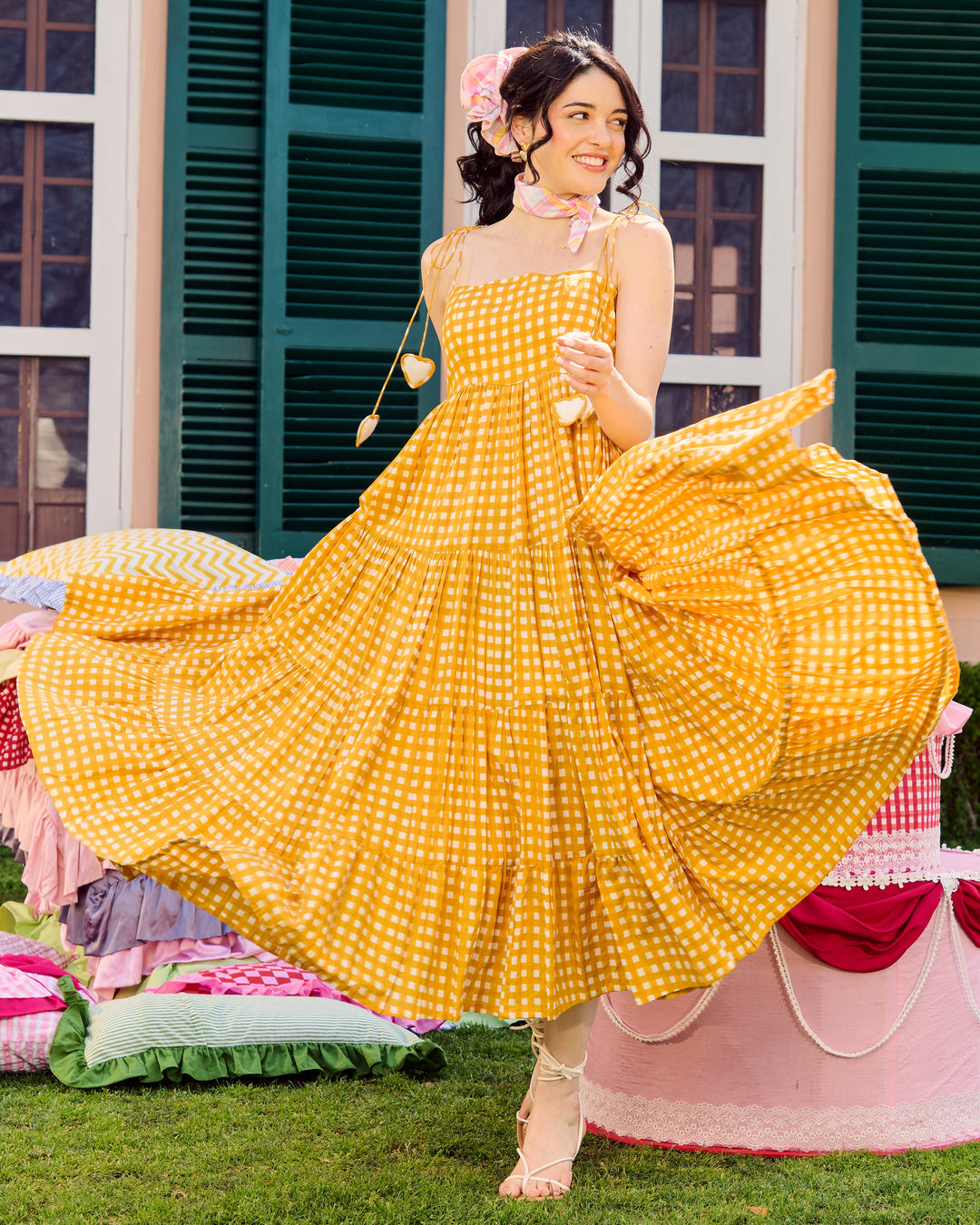 Ulfat Mustard Cotton Checks Printed Dress
