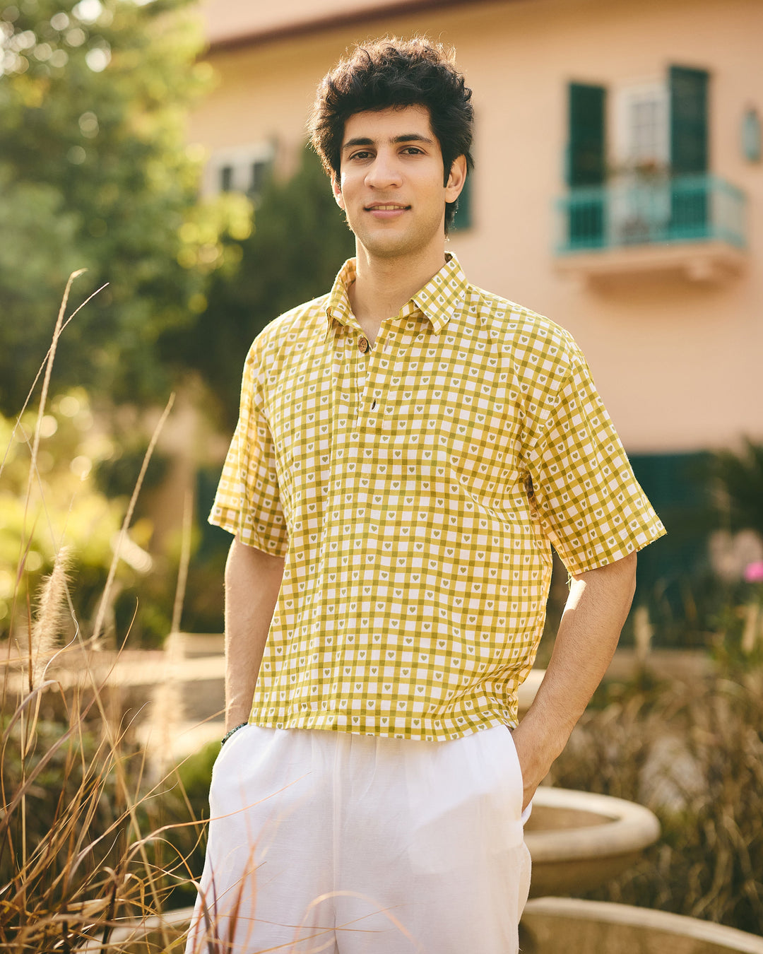 Jor Olive Cotton Checks Printed Shirt