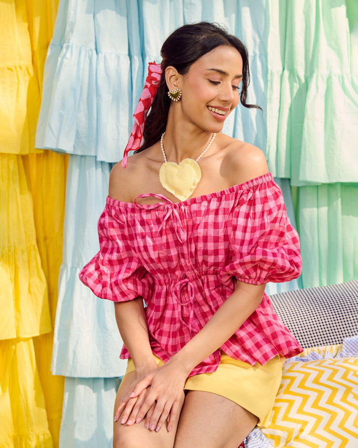 Prerna Magenta Cotton Checks Top