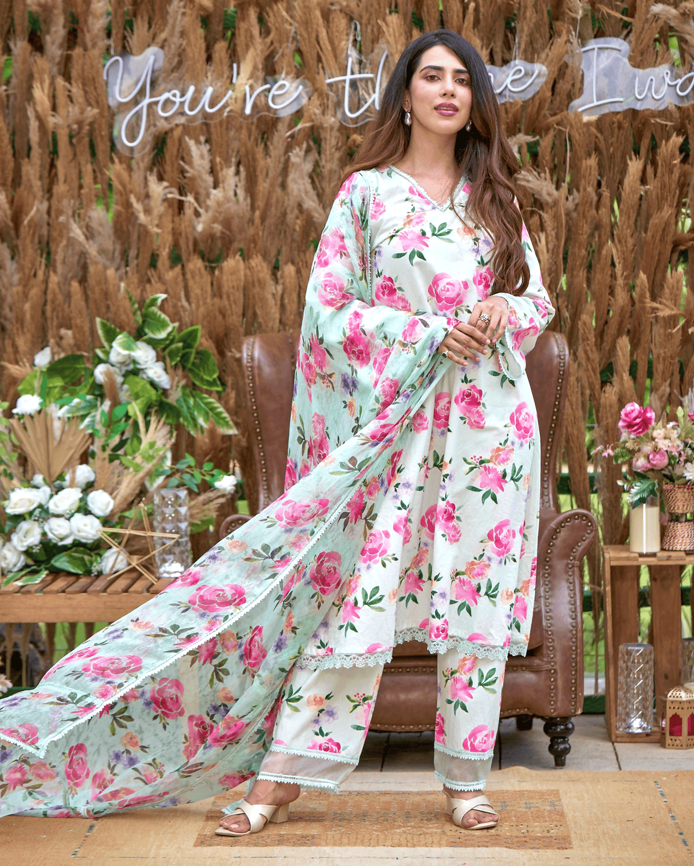 Zinnia Green Printed Cotton Suit Set