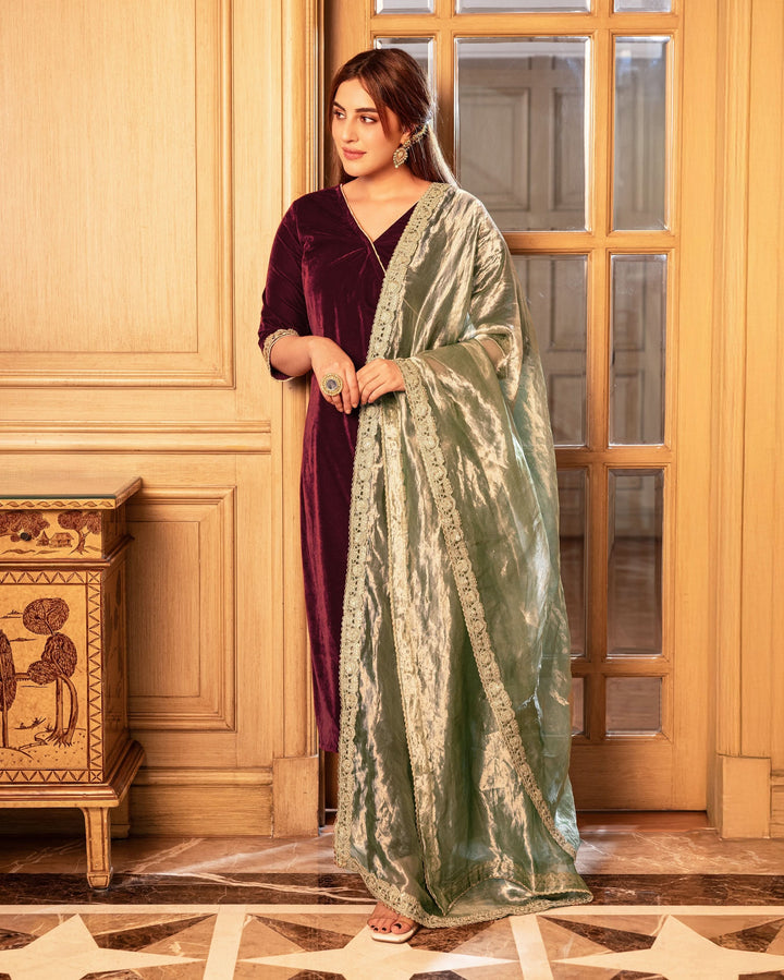 Behana Maroon Solid Velvet Suit Set