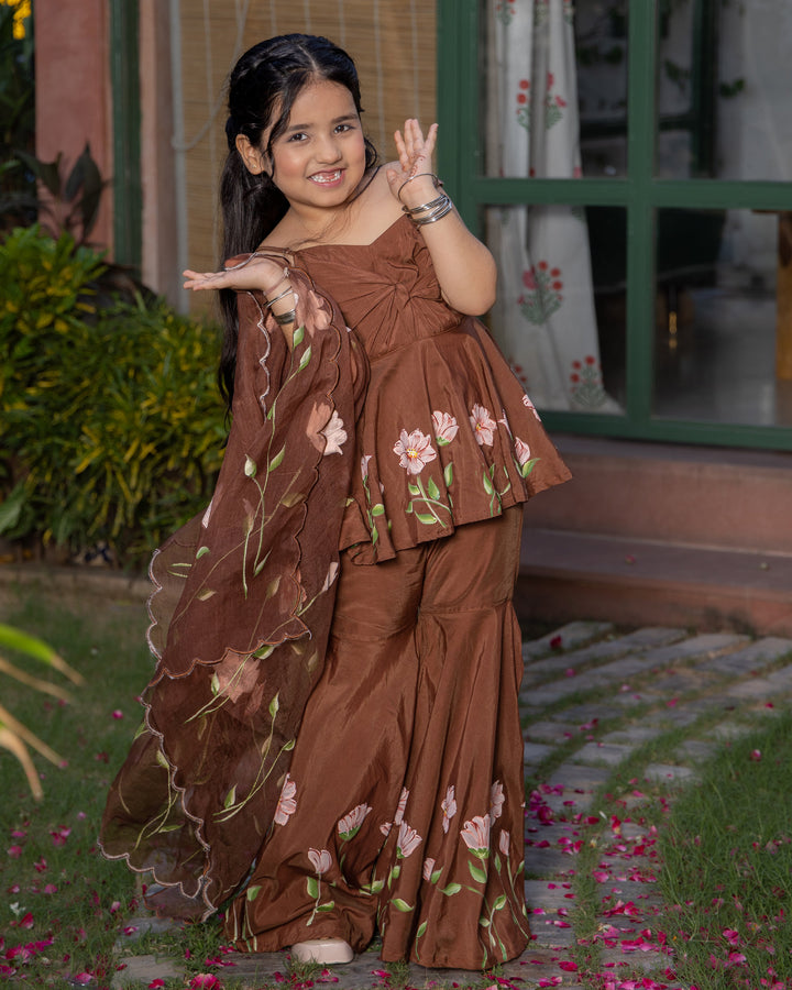 Toffee Brown Handpainted Muslin Sharara Set