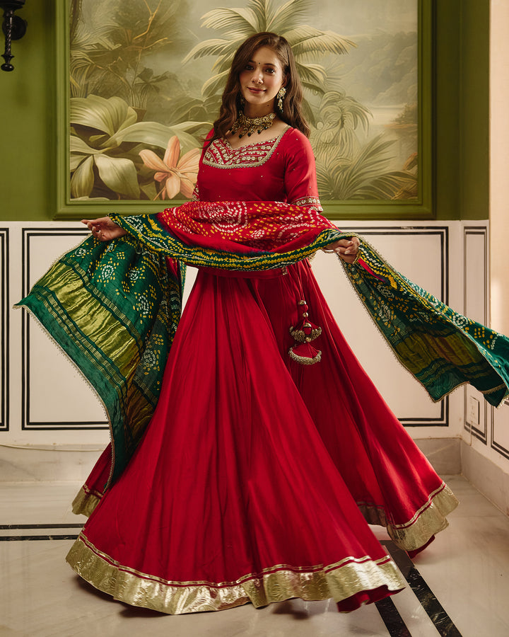 Anuroop Red Embroidered Chanderi Lehenga Set