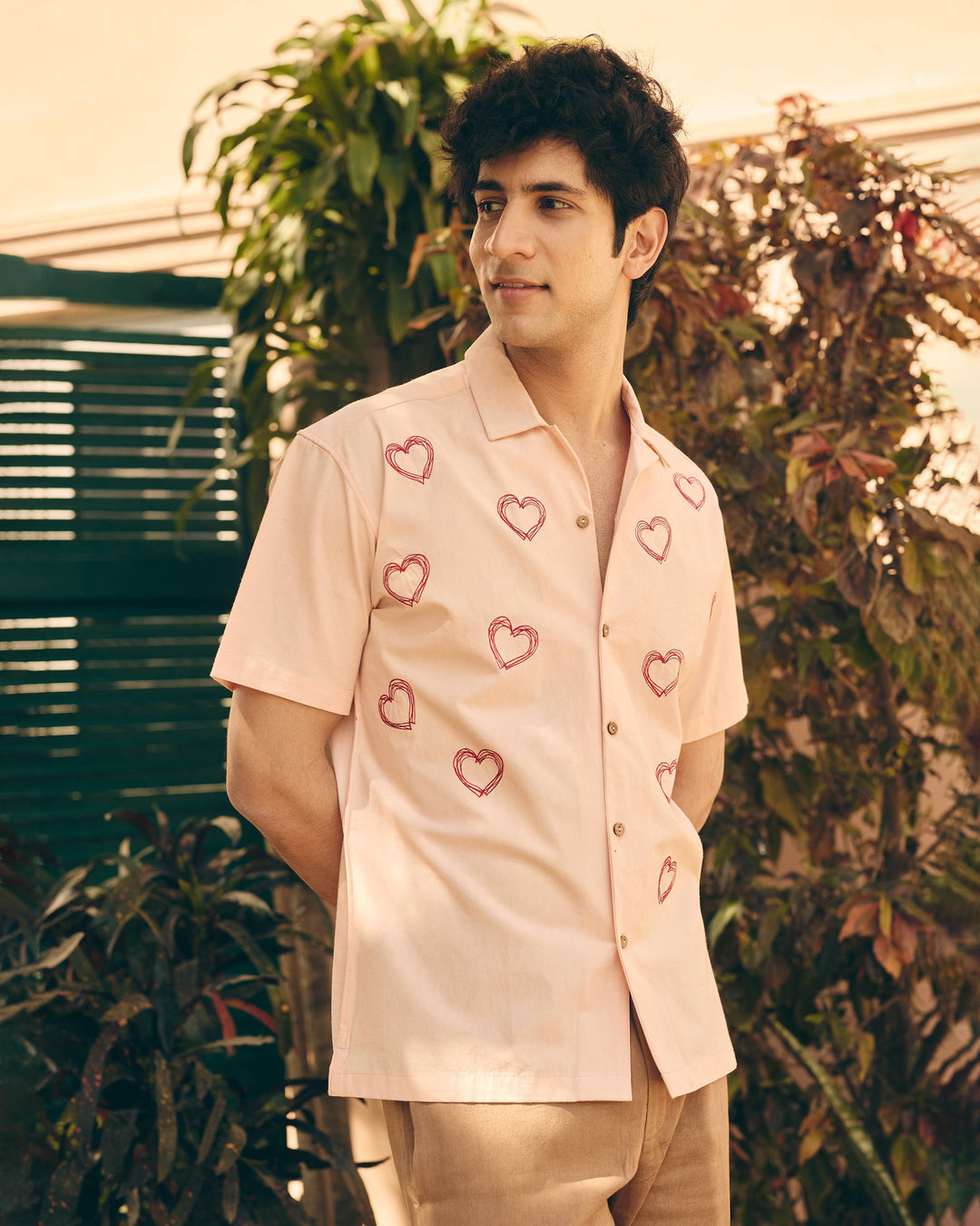 Pexo Peach Cotton Embroidered Printed Shirt