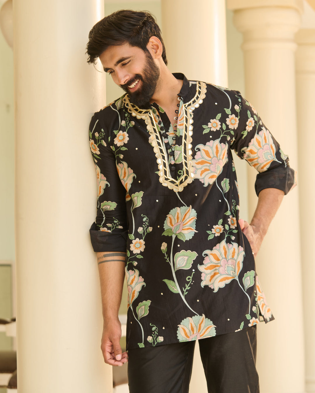 Rudra Black Printed Chanderi Kurta