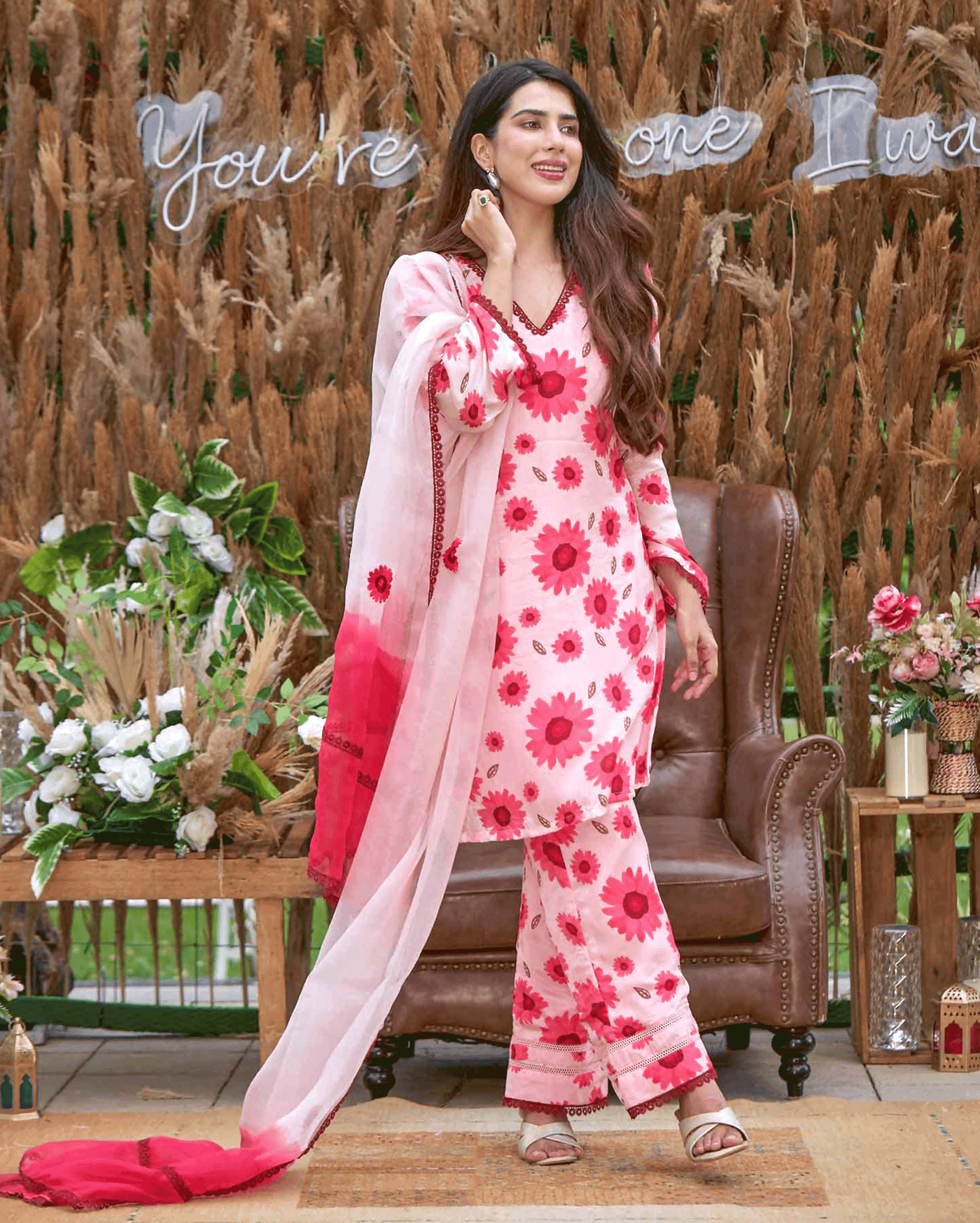Nysa Pink Printed Silk Suit Set