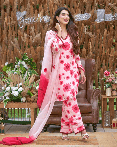 Nysa Pink Printed Silk Suit Set