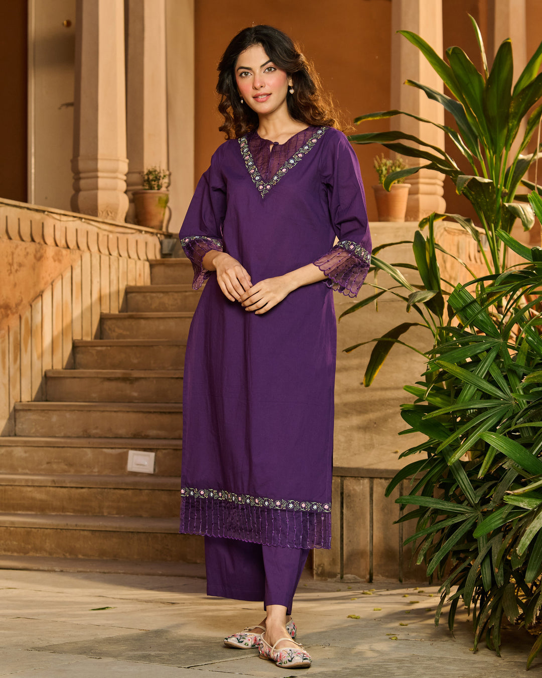 Ele Purple Embroidered Cotton Kurta Set