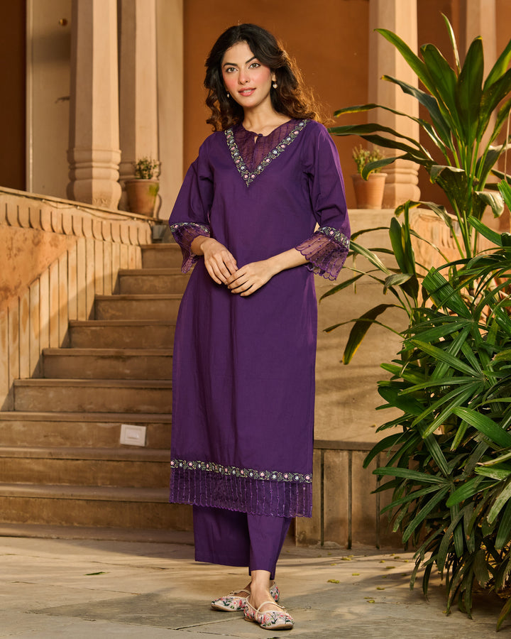 Ele Purple Embroidered Cotton Kurta Set